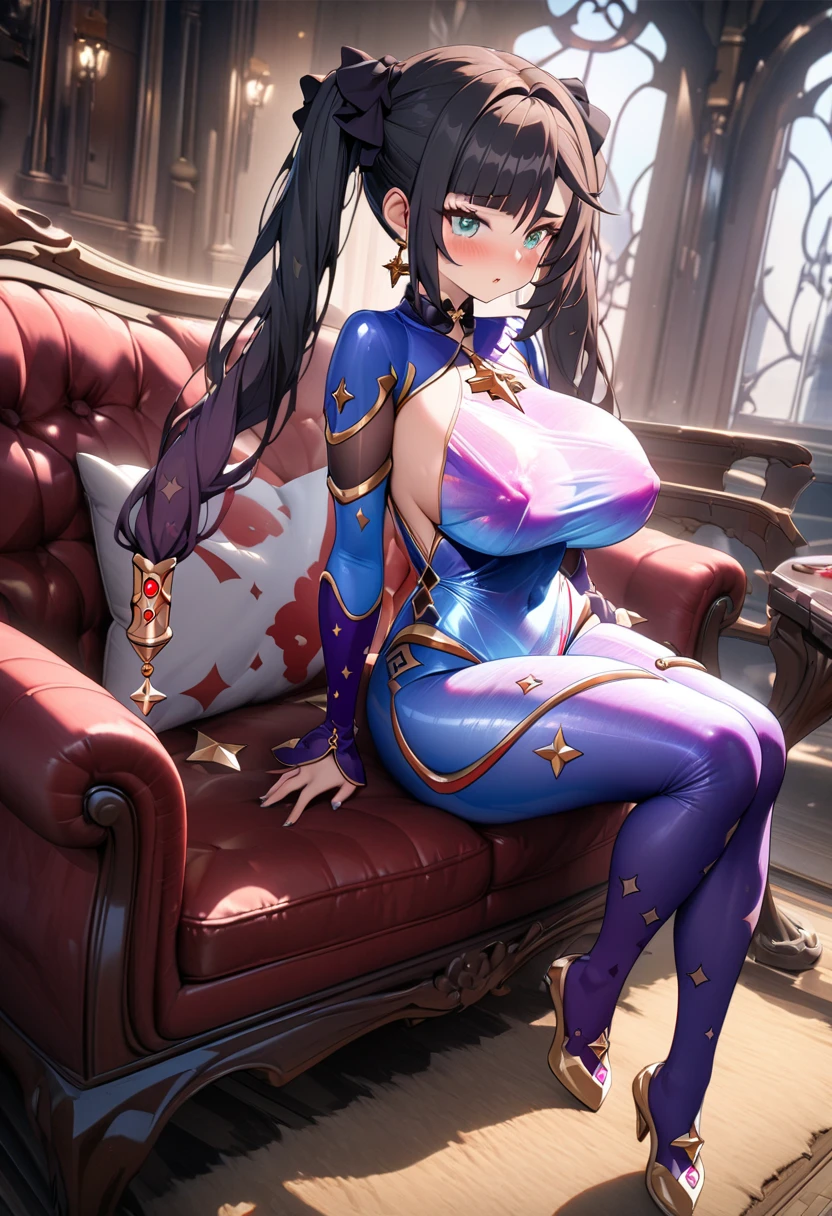 Lian, long black hair, hair stick, bangs, violet eyes, solo, smiling, standing, upper body, hips, bare shoulders,purple thighhighs,violet dress, gold jewelry,armor,gloves,circlet, cleavage, red and gold royal castle, gigantic breasts, (best quality, masterpiece, beautiful and aesthetic:1.2, highest detailed face, perfect face,) eyes, perfect face,expressive eyes,
looking at viewer, in the center of the image,(Upper_body),(Focus on her face),
official art,extremely detailed CG unity 8k wallpaper, perfect lighting,Colorful, Bright_Front_face_Lighting,shiny skin,
(masterpiece:1.0),(best_quality:1.0), ultra high res,4K,ultra-detailed