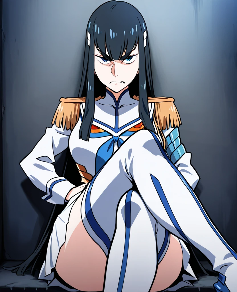 (((pixel perfect, Detail Perfect))), Solo, 1girl in, Satsuki Kiryuin, epaulets, Closed mouth, V eyebrows, Looking at Viewer, full-body view,