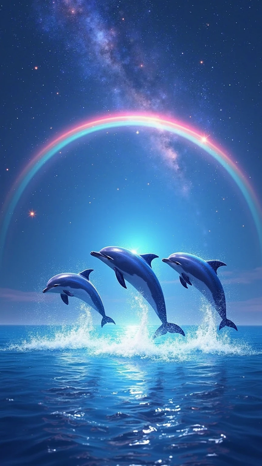 Ultra-high-resolution vertical fantasy illustration of three radiant dolphins leaping from a glowing ocean under a star-filled night sky. The dolphins are depicted in mid-air, arcing gracefully with splashes of sparkling water trailing behind them, each reflecting shades of deep sapphire, electric blue, and silver. The ocean surface shimmers with bioluminescent ripples, catching reflections of both the dolphins and the cosmic sky above. A luminous rainbow arches across the night sky, blending seamlessly into a backdrop filled with stars, constellations, and soft nebulae. The scene is bathed in mystical blue and purple tones, with a soft gradient of twilight pink near the horizon, giving it a magical, dreamlike ambiance. Lighting glows from within the water and the dolphins themselves, with subtle glints on their backs and mist particles suspended in the air. Rendered in a painterly fantasy style with smooth gradients, gentle glow effects, and high saturation to evoke an ethereal and uplifting tone. The overall composition is vertically balanced, emphasizing motion, harmony, and celestial wonder—perfect for dreamscapes, whimsical wallpapers, or ren’s fantasy art.
