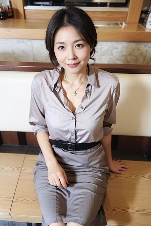 8k, 55 year old mature Japanese woman, Beautiful wife, Sensual, Long eyelashes, Chubby body type, open chest shirt, Cleavage, Panties, whole body, ((Cat ear)), Low Ponytail, collar, Red lipstick, Charismatic, Sit on a chair, Crossing your legs