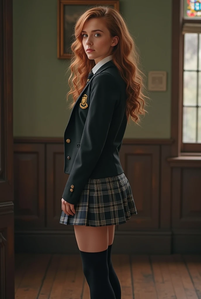 Emma Watson,  very puffy curly red hair,  head bow,  very tiny miniskirt,  pantyhose,  nylon long elbow gloves,  high heels,  sun shiny day 