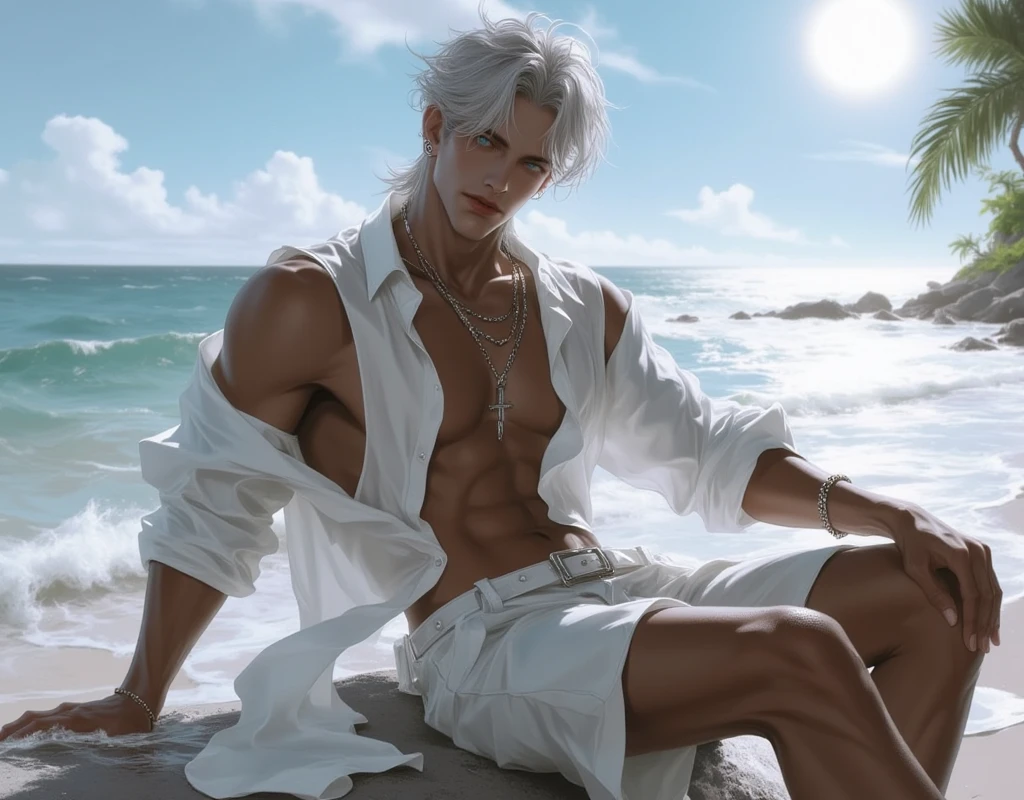 masterpiece, best quality, handsome 19 year old, fair skin male, medium length white hair, perfect face, chest abs, masculine, shoulder length white hair, blue eyes