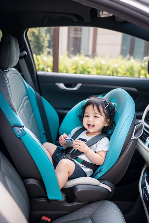 Alafed baby in a car seat with safety belt, A smile, View from an angle, Smiling expression, Smiling at the camera, taken on iphone 14 pro, sitting in her car, looking to his side, little smiling、Soft Illustration、Faithfully reproduce the hand、Faithful reproduction of the foot