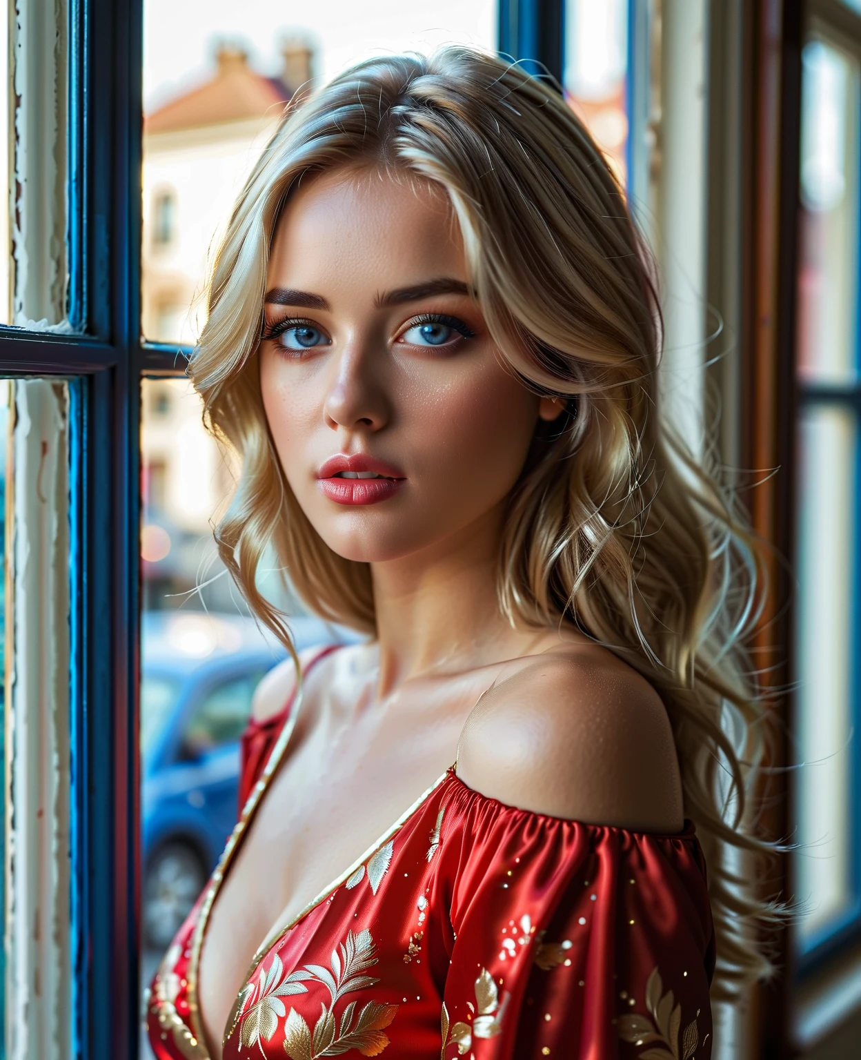 very attractive 25 year old with long platinum blonde hair. (Best Quality, 4K, 8K, High Resolution, Masterpiece: 1.2), (Super Detailed, Realistic, Photorealistic:1.37)A captivating young girl, donning a striking ensemble of red and blue, stands before a window with an air of toughness and determination. Her enchanting eyes are exquisitely detailed, capturing every glimmer and depth, while her lips boast a meticulous beauty that is both captivating and alluring. The level of detail extends to her entire face, each contour and feature meticulously rendered to perfection, creating a sense of hyper-realism that draws the viewer in.
The girl's attire, reminiscent of oil painting art, is a work of art in itself. The fabric, skillfully crafted to resemble vibrant brushstrokes, adds a touch of dynamism to her overall appearance. It is a true reflection of the artist's talent, showcasing a mastery, (NSFW:1.5), Chignon hairstyle, beautiful nipples