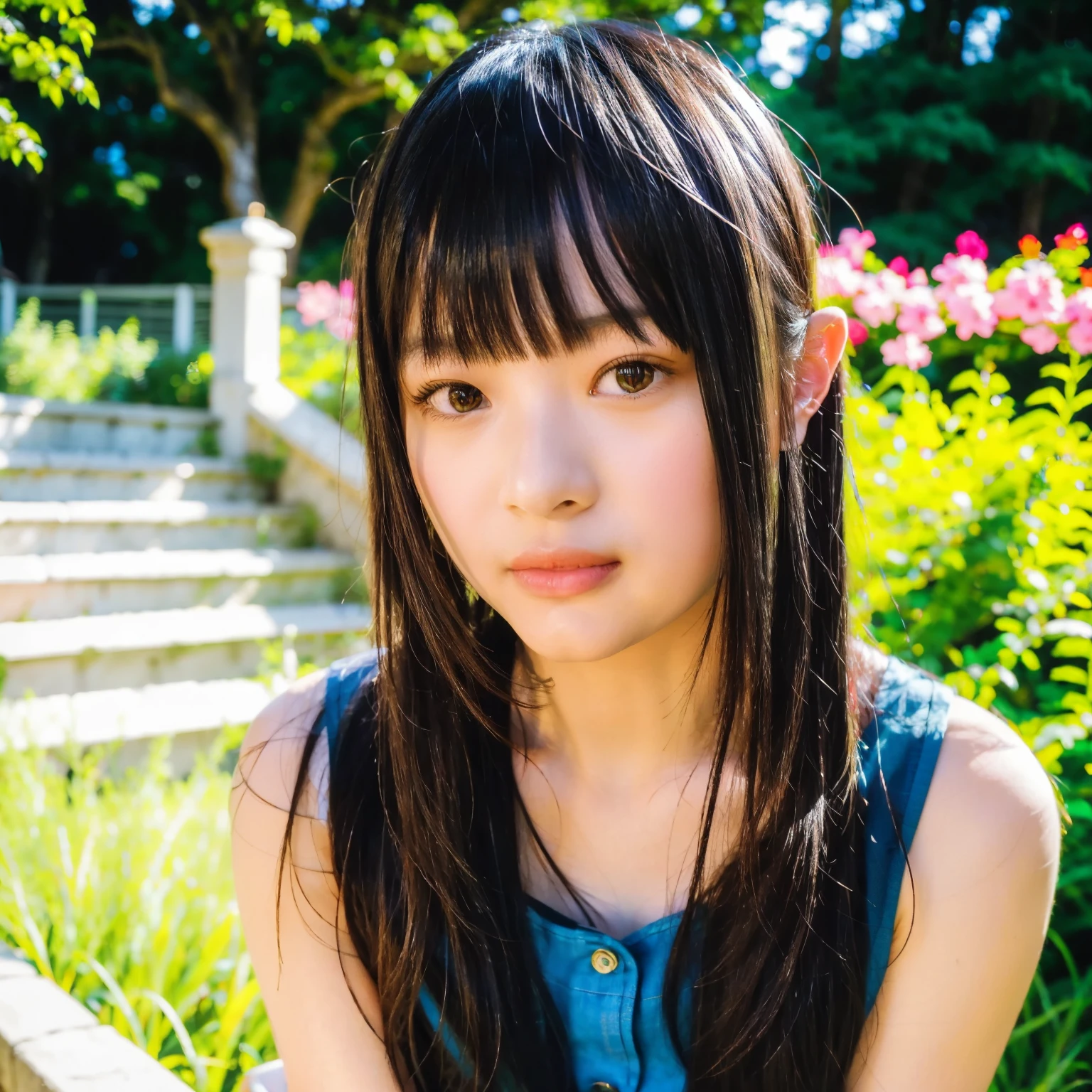 masterpiece, best quality, ultra-detailed, illustration, portrait, over, jewelry, long hair, solo, lovely black dress, flat chested, ((hanni1)), (in garden), (stairway), (bangs), no makeup, cute girl, beautiful hanni , happy mood, sunny, best quality, ultra highres, (photorealistic:1.2), (depth of field:1.1), (looking at camera:1.1), jean material shirt, black hair, short hair, brown clothes, solo, 1 girl, medium chest, in garden, bokeh, soft light, bloom, perfect body, perfect anatomy, photoshoot, clean face, pale skin, clean skin, (1girl), hanni, 水着 白