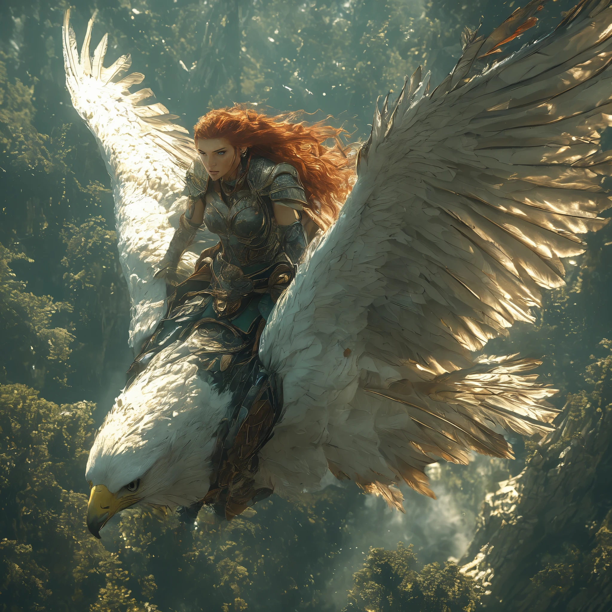 female warrior with red hair riding an eagle in the forest, fantasy art style, dark green and light brown as a 3D game scene seen from a bird's eye view , as a 3D game scene from a bird's eye view. Hong Kong sky, masterpiece, best quality, very detailed, sharp concentration in nude clothes, dynamic lighting from the thigh to the front