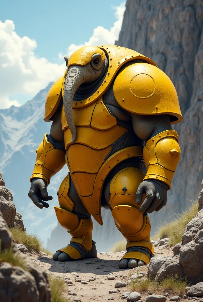 Guldar is a large humanoid monster with a large shell on its back made of yellow stone and small steel plates. It had a colossal head with a rounded, pointed beak that looked very much like a turtle. It wore boots made of stones. On its long tail were sharp yellow stones. In its hand it carried a large chain with a steel ball at the end. A colossal being appeared, a mythological creature with a body covered in shiny rocks and natural armor that seemed to have been carved directly from the Mountains.