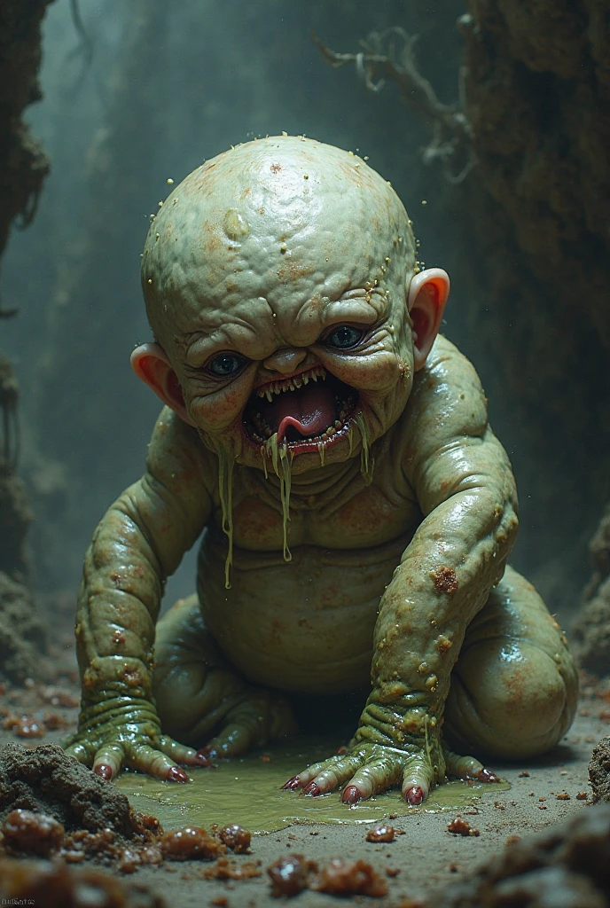 A baby with scales, twisted appearance and malformations, without eyeballs, a hole in the middle of the chest where its heart should be. In the style of the house of the dragon