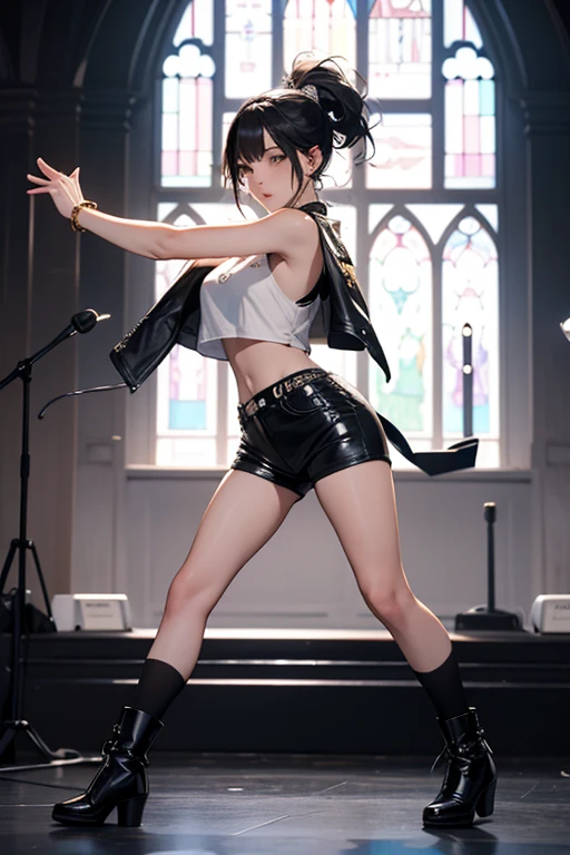 white polo shirt, 1 girl, solo, white sneakers, tennis wear, white miniskirt, masterpiece, top quality, realistic, hyper-detailed, (glossy skin, sweaty: 1.2), absurdity, looking at viewer, short twintails, black hair, top quality ), (blue sky, tennis court), (chain ribbon, iron-colored chain), low angle, long hair, black eyes , see-through underwear, anger, agony, glowing eyes, sweat, full screen of chains, chained, ((arms up, behind head)), bondage, low angle , BDSM, Chained, Perfect figure