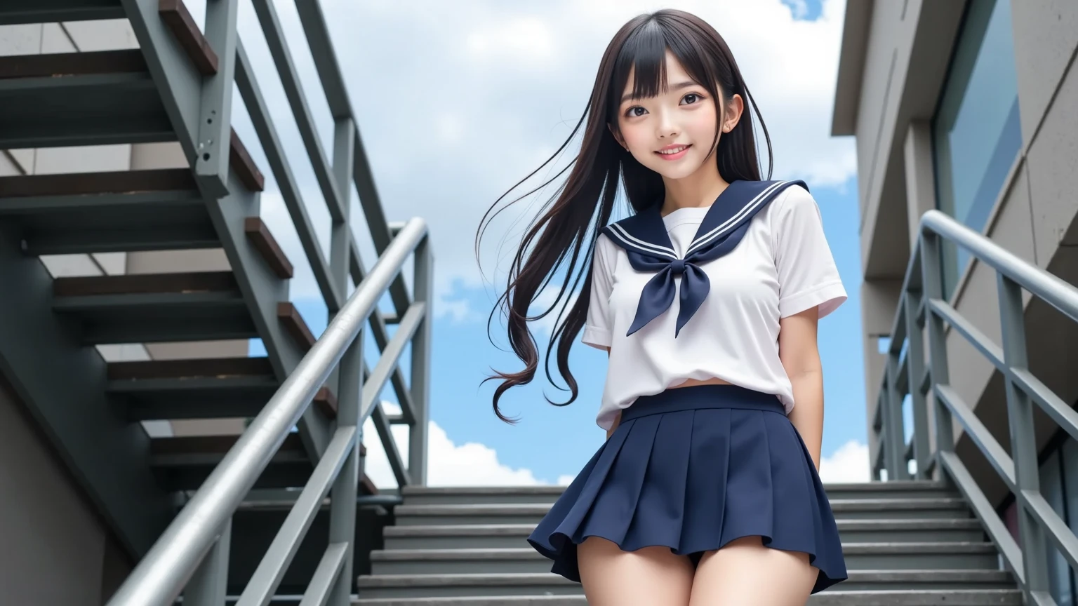 grab the hem(masterpiece,highest quality,ultra high resolution),japanese girl, ponytail:1.1,twin tailsが魅力的:1.05,very beautiful 10 year old girl),Naïve girl、(perfect limbs、perfect anatomy),(junior high school sailor suit:1.3) ,、 (strong wind, Blowing clothes and skirts:1.6),ponytail:1.3,twin tails,surprisingly cute 、Wearing Japanese school uniform、japanese school uniform、surreal 、dressed like a high school girl、surreal 、wearing a uniform、girl in uniform、wearing a uniform、 temporarily stop、Full body Esbian、nice skin、glowing skin、nice thighs、Shining thighs、shining legs、black high socks above the knee、Japanese high school 、beautiful skin、Moist eyes、brown shiny hair、Colors and landscapes of youth、feeling of love, embarrassing smile, go to school, morning, Sheer, Wet,(((lift up the skirt)))、camel toe、A very cute girl with a young face、(Perfect and beautiful pussy line of a young person :1.2)、thin body,thin legs,立ち姿で紺色のプリーツスカートのgrab the hem持ち上げる,very small face,from below、(((a girl with a very young face :1.3)))