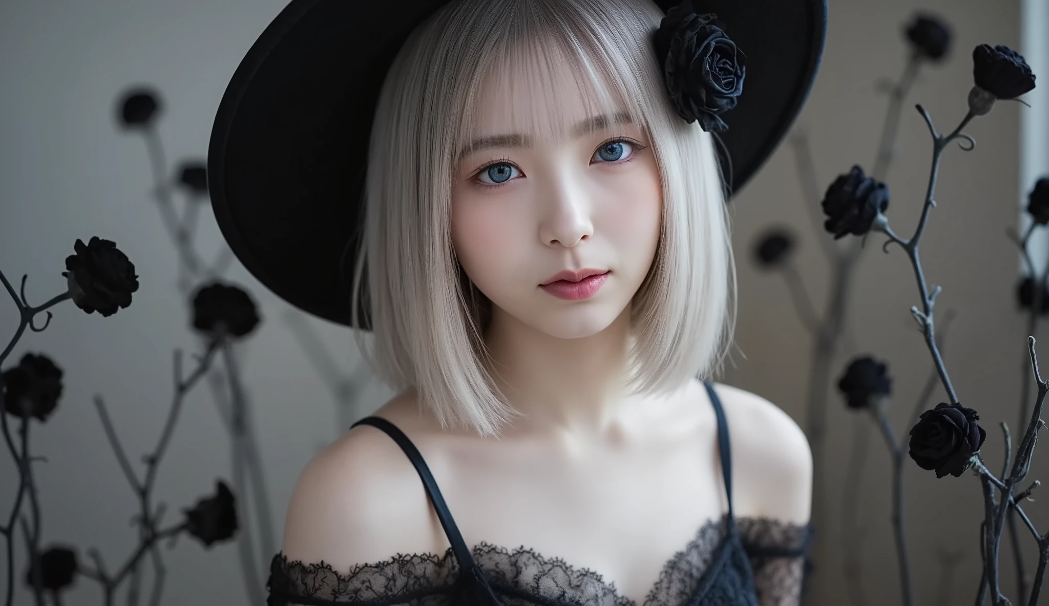 Tall, photorealistic images of beautiful East Asian young women , demonstration pussy , She's wearing a big black witch hat decorated with black roses . She wears a black off-shoulder costume with lace embellishments , give her an elegant and mystical vibe . Surrounding her are dark flowers 々 々, add a spiritual and slightly sad vibe . The lighting is soft, Highlight her white skin and silver hair , } on the other hand, The background blurry becomes delicate abstract black and gray brush strokes, enhance the mystical and tranquil atmosphere of the scene .
