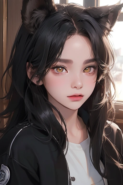 ((5-years old girl:1.5),(best quality, ((masterpiece)), beautiful detailed Eyes, 8K resolution, cinematic lighting,detailed clothes,Semi-realistic),1 woman,((30 year-old)),cool,(black straight medium hair),((white track jacket),((wolf ears)),digital arts,yellow eyes, (fresh), in the house