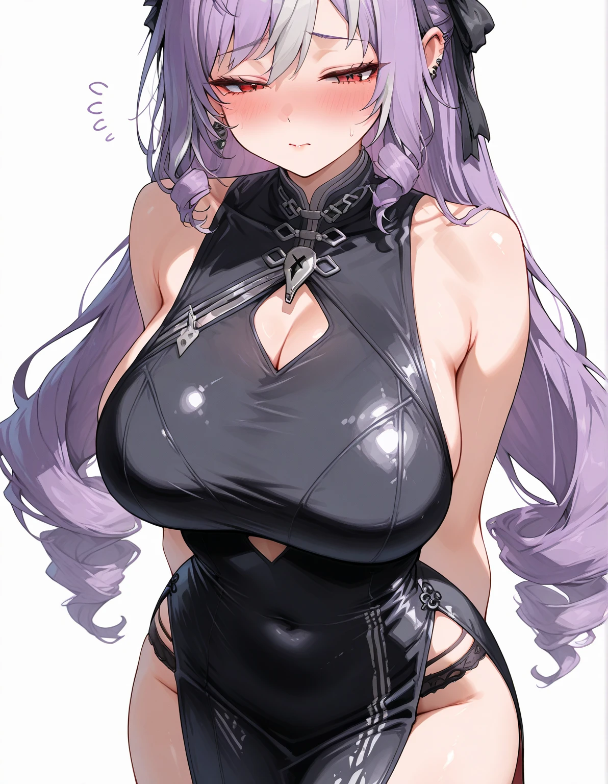 16K,typhon \(arknights\), 1girl, long hair, very long hair, purple hair, sidelocks, drill hair, twin drills, red eyes), black hairband, horns, virgin killer sweater,blush,(((big breast))),leaning forward,((breast focus)),Plump Armpits,Thick armpits,Drawn armpits,shiny skin,(((thick thighs)))