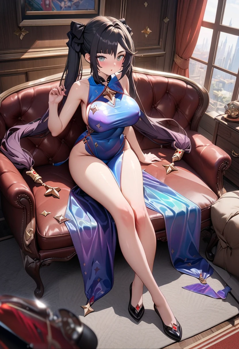 realistic image, detailed image, coherent image, 1 beautiful elf, she has very long hair, black hair, turquoise eyes, smiling, She is wearing a dongtan dress, showing her legs, She has a curvy body, medium breasts and thighs thick, She is sitting, posing sensually, arms hidden behind her back, chest sprouting, back arching, full body view, view from above, Soft focus, Dramatic shadows, Volumetric lighting, natural lighting, artificial lighting, White background,