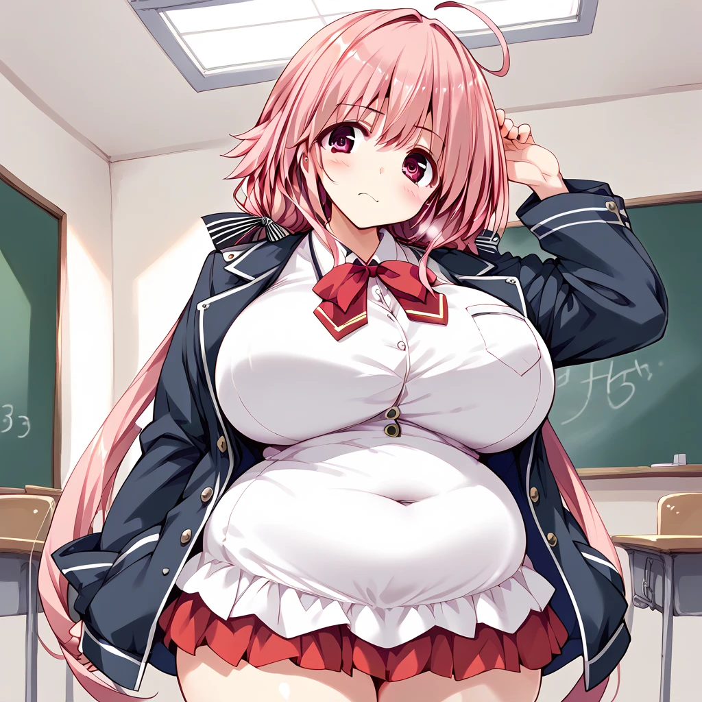 Imagen estilo anime NSFW de una chica anime de cabello corto y rosa que usa lentes y viste un uniforme de colegiala muy ajustado y esta levantando su falda y mostrando sus bragas