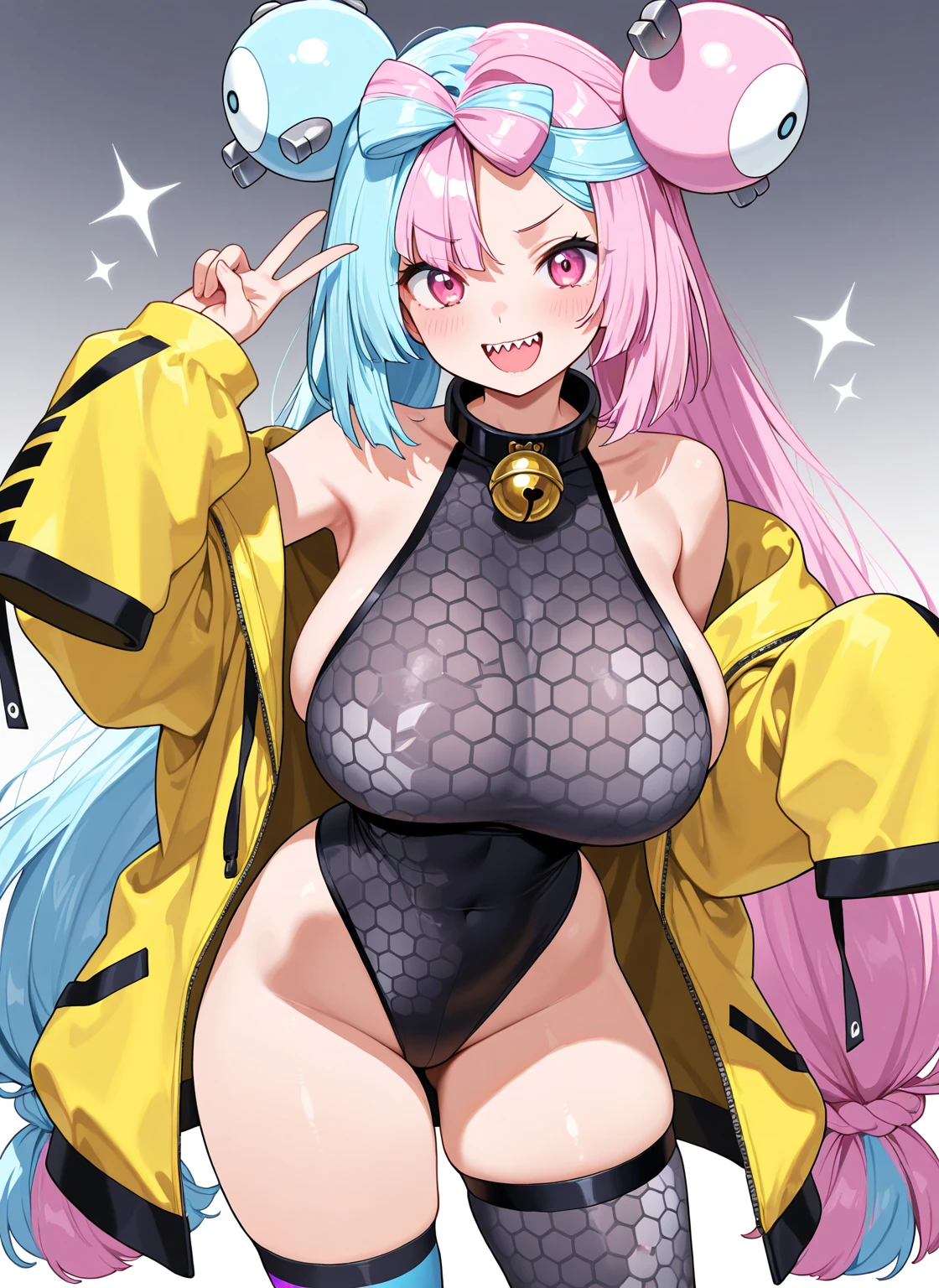 ((solo girl)),((score_8_up, score_7_up, score_6_up, score_5_up, score_4_up, anime screenshot
1girl, solo, iono (pokemon),(grey vest:1.4), multicolored hair, long hair, character hair ornament, bow-shaped hair, sharp teeth, yellow jacket, open clothes, open jacket, thick thighs,)),((Perfect body,))Heavy breathing,saliva, sweat, Sweaty and wet all over,((Perfect body,))((Super beautiful,))((High quality,))((gigantic breast,))(((beautiful girls with showing their crotch))), ridicule,drenched in sweat and my whole body is wet and shiny,climaxing and loosening expression, Semen is dripping from the crotch,not wearing underwear,Showing off her vagina with her fingers,((semen droping pussy,))best quality, expressive eyes, perfect face, nsfw,POV,front view,squatting,spread legs,Semen is dripping from the crotch,sweaty and glossy body, Expressionless,collar, love hotel rooms background, collar,(((very tiny breast))),Expressionless, disgusted face, (((spread pussy))), ((()),(smile),open mouth,tongue out, looking down, from below, spread legs, iono1, long hair, yellow jacket, long sleeves, hair ornament, iono, long hair, bow-shaped hair, pink hair, sharp teeth, low-tied long hair, hair ornament, character hair ornament, jacket, yellow jacket, sleeves past wrists, sleeves past fingers, oversized clothes, x, very long sleeves, single leg pantyhose, shirt, sleeveless shirt,