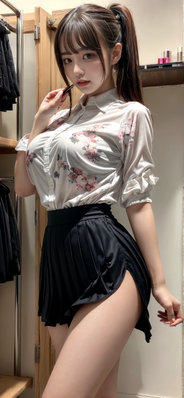 ((midnight, best quality, 8k, masterpiece :1.3)), full body, long legs, sharp focus :1.2, a beautiful woman with perfect figure :1.4, slender abs :1.1, (dark brown hair, huge breasts :1.2)), (white embroidered tight translucent shirt, denim skirt, standing: 1.2), (night view, roof: 1.3)), ((giant breasts)), highly detailed face and skin texture, fine eyes, double eyelids