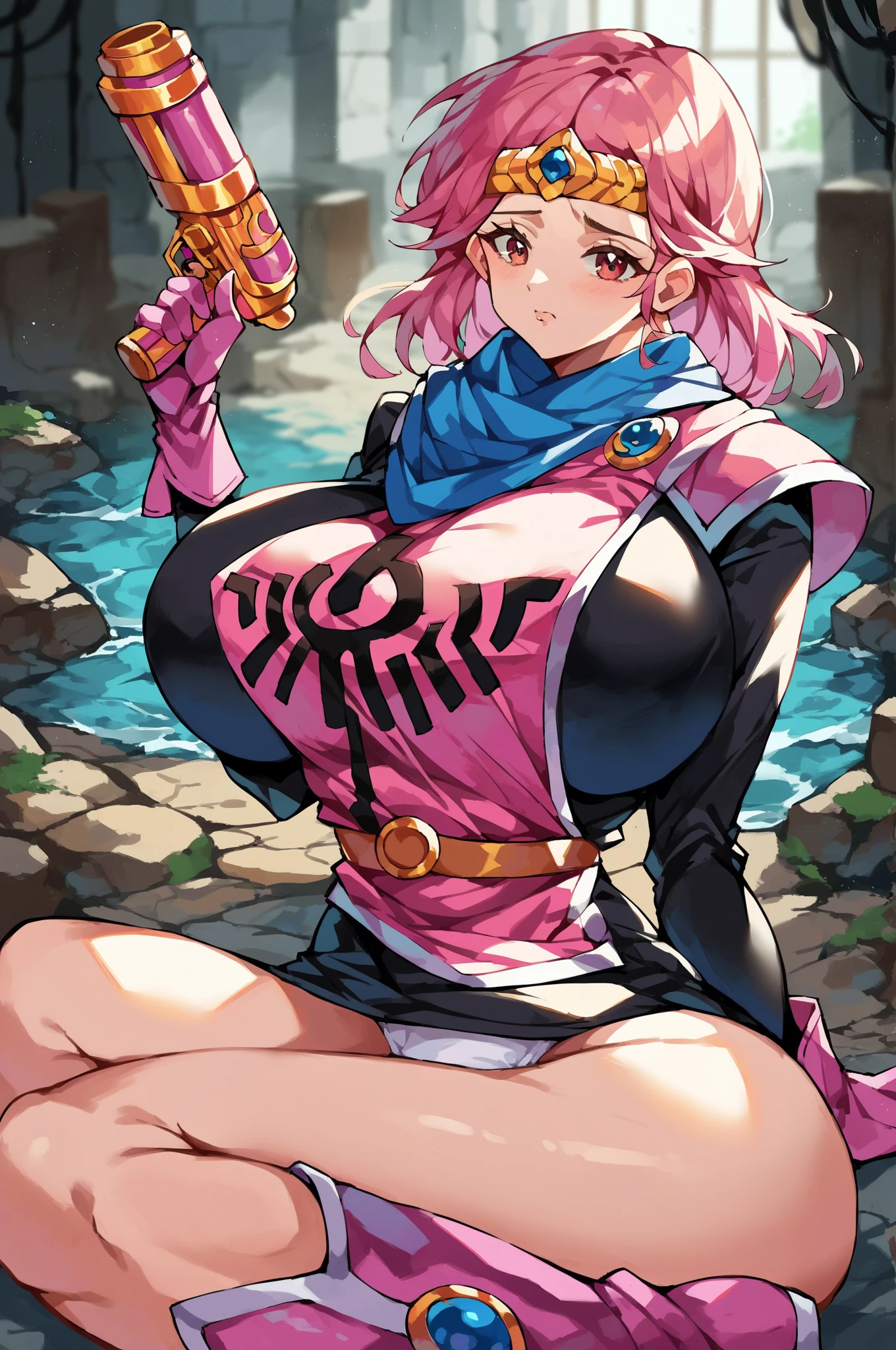 1girl, (solo:1.2), curvy, (masterpiece:1.2), (best quality:1.2), (perfect anatomy:1.4), (standing:1.4), (closed mouth:1.2), smile, (large breasts:1.2), (cowboy shot:1.2), blush, (beautiful white clouds:1.3), puffy clouds, white sky, neoartcore, pinup, (soft shading:1.2), she1, red hair, hair over eyes, split ponytail, pink jacket, cleavage, fur trim, black dress, earrings, jewelry