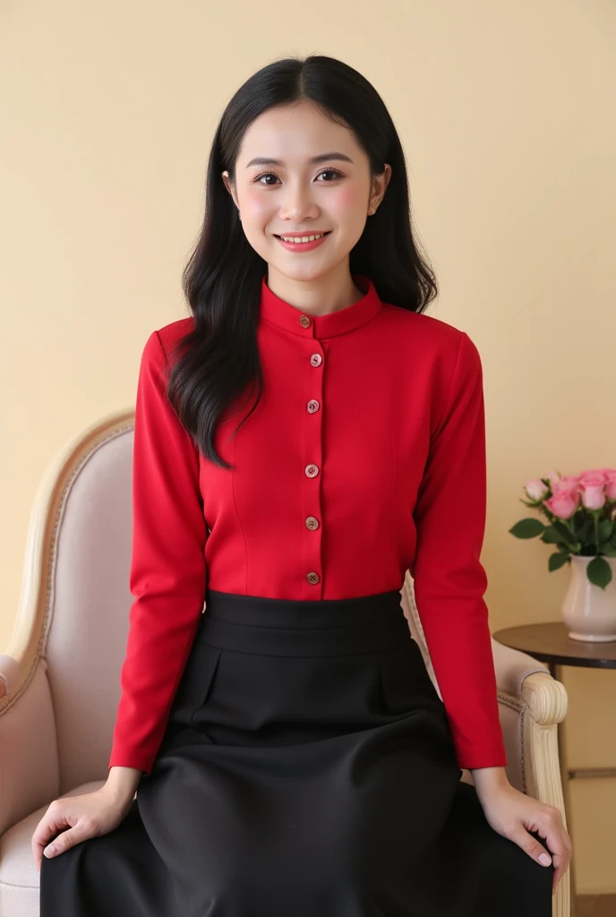 Masterpiece,Best quality, (maam. clerk:1), ((Portrait:1.3)), Cross arms, Smile,Red professional attire,Long legs,skin hyper-detail,Clear pores,in a panoramic view,Cocked buttocks,black lence stockings,Beautiful young Japanese woman over 40 years old, Perfect face, Fantastic look, (Detailed facial features), Clean and nice face