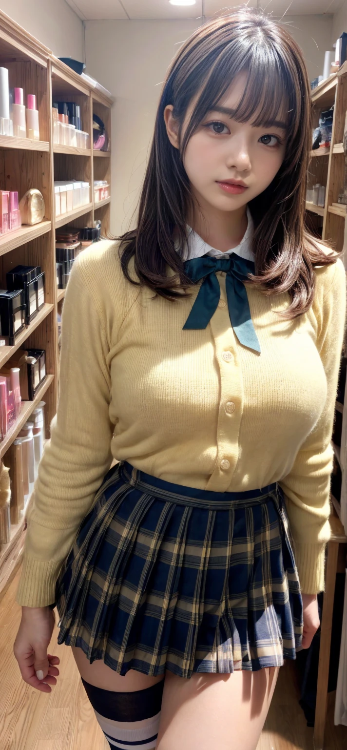 ((highest quality、8k、masterpiece:1.3)),((((cowboy shot)))),Ultra-high resolution,big eyes,Japanese,bangs,(a girl),(1 girl),((20 years old)),((facing at viewer)),(long hair),(((black school uniform))),grin,((sitting on chair)),(pleated mini skirt),(((pussy))),((pubic hair)),(((open legs))),((skirt lift))