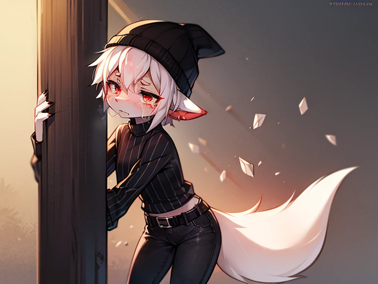 solo, kemono, femboy, orange and white hair, yellow eyes, wear red bow tie, wear black long sleeve shirt, wear black boxer, wear black and white stockings, blushes, right hand holding phone, left hand holding pen, stand in school, highschool background, daytime