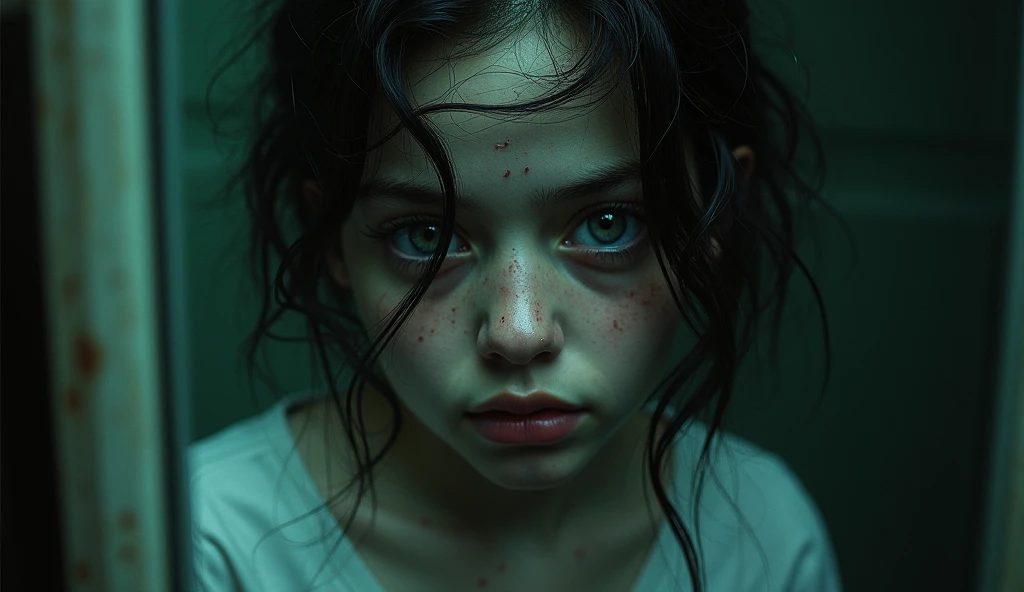 Create an EXTREMELY creepy photo of a girl with messy hair