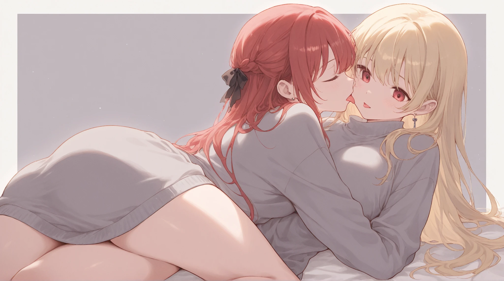 2girls, yuri, lewd touching, blonde hair red eyes, scholar, wallpaper, depth of field, night, light particles, light rays, sidelighting, delicate thighs, open jacket, plug, cloud, panties, ribbons, cute girl, sex, stuffed animals, bedroom, hair accessory, large shirt, naked, pink hair twin tails, red shirt, lifting dress, hands in pants,