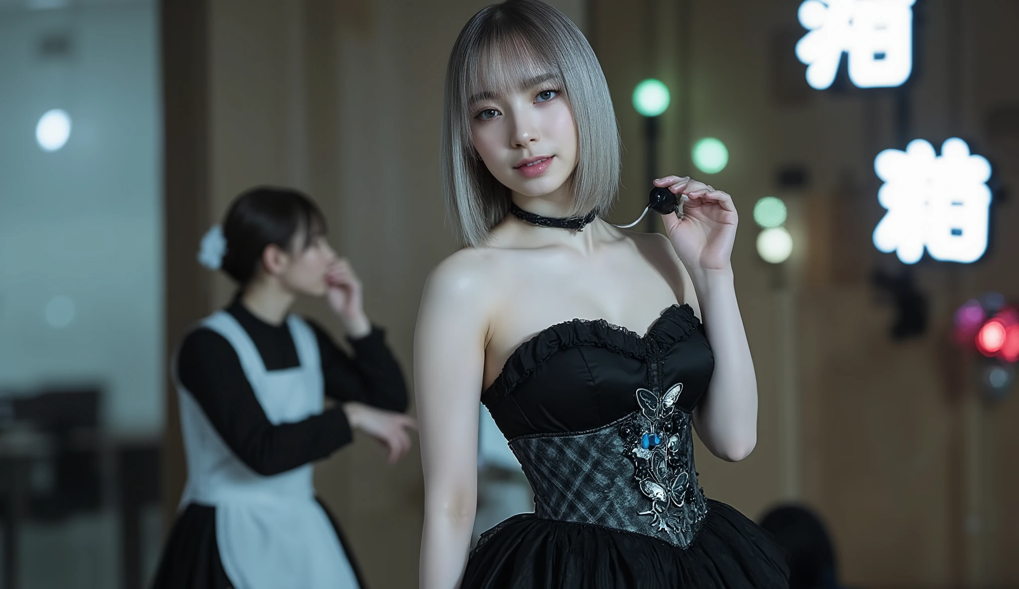 ( masterpiece, best quality, Super Details, Hyperrealistic gothic girl :1.3),, GLAMOROUS BODY , happy, ( wide angle shot, Sexy body pose :1.2), (Detailed wear, full body tights to cover full nudity :1.2), monochrome costume , Grey diamond pattern fitted corset , accentuates the waist , Large breasts with ruffles and layered butterflies, thick butt, Beautiful sexy legs:1.3), Beautiful white silk skin , thin and short neck , ( Little head walking on the street, small face), Little head walking on the street, detailed face, cute ( Slim Oval Face :1.3), Gothic Makeup , Perfectly aligned teeth , Perfect and beautiful teeth, blue eyes, half-open , Shining drooping eyes , silver hair , Finding Others, ( In front of a maid cafe in Akihabara),