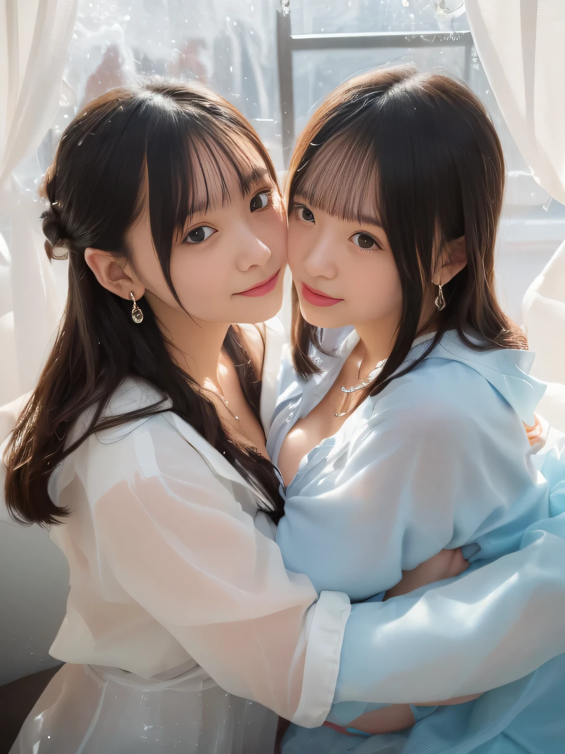 ((( Cafe with large windows 1.0)))、((((Rainy Day Cafe Restaurant 1.0))))、(((lesbian couple relaxing in a window seat 1.0)))、(((Scenery of heavy rain raindrops reflected in the window 1.0)))、(((glass cup and cake filled with drinks)))、(((shots of a lesbian couple 3.0)))、(((best quality、highest resolution、masterpiece、8k)))、(((detailed face)))(((cute face)))(((Baby Face)))(((Young contour)))(((Lovely Eyes and Nose)))、((( Blizzard 10 )))(((model body type)))(((Perfect Podiline)))、(((Big Breasts 1.0)))(((Large Cleavage 1.5)))(((nsfw)))、(((Long Straight Hair)))((( tunic、Flannel shirt)))、((( sapphire necklace 1.Holding the letters 0 and、wing earrings 2.0))). (((smile)))、((( dynamic pose 2.0)))((lesbian couple sitting gracefully))(((artistic elemental art 2.0)))(((artistic elemental art)))(((two girls hugging each other 2.0)))