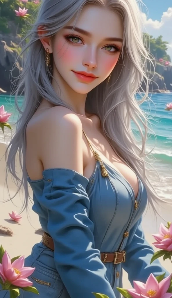 (masterpiece:1.2, best quality), (1lady, solo), Clothing: white floral pattern bikini, wide-brimmed hat, strappy sandals, Accessories: shell necklace, sunglasses, Hair: loose beach waves, white hair, bob cut, Makeup: natural, glowing skin, Behavior: relaxed, carefree, free-spirited, Location: beach, resort, outdoor festival, purple eyes, (large breasts: 1.2), soaking wet, (beautiful detailed face, beautiful detailed eyes), (sunbeam, sunlight, rose, wind)