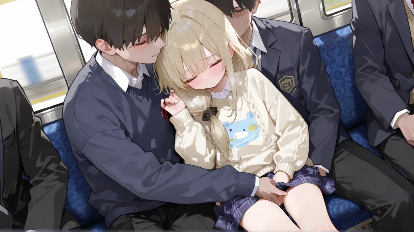 Station ticket gates、A man in a suit groping a schoolgirl's breasts and buttocks、A white shirt that fits her no-bra 、Blue and white striped skirt、Her skirt flips up to reveal her cute white underwear、Bare legs and leather shoean in white suit