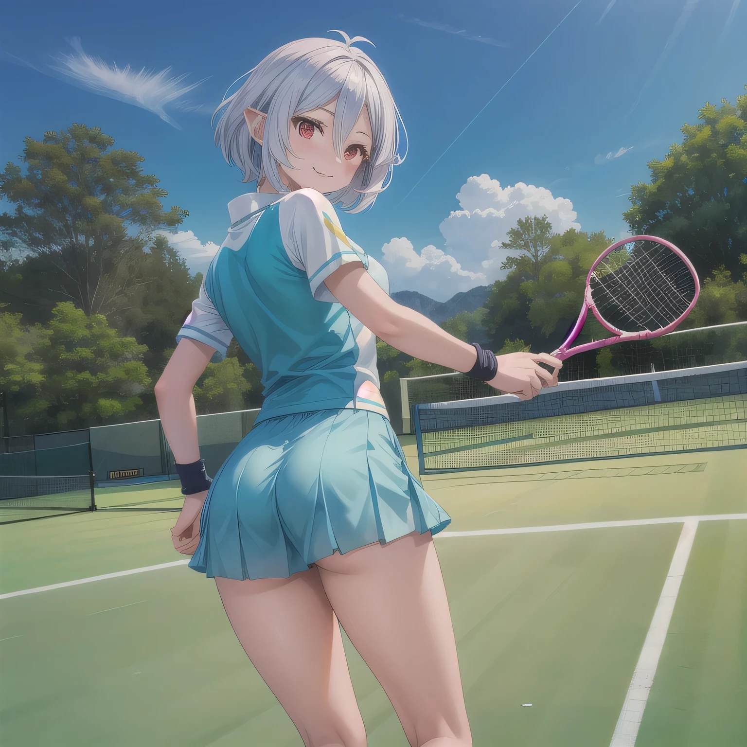 absurd, highres, BREAK looking at the viewer, (behind:1.5) BREAK (bright color: 1.3) BREAK (a girl:1.3), (loli:1.2), white hair, blue eyes, casual clothing, earrings, jewelry, nm1, hair ribbon, medium hair, sexy cosplay, (super short pleated skirt:1.3), (thighs:1.2), large breasts, (problematic face:1.3), (open mouth: 1.1), (breast:1.3), round eyes, (blowing in the wind:0.3), sweat around the girl, dripping sweat, (((very nice panties))), (all four, :1.3), tennis feet, looking down, looking at the viewer, perfect foot, ass, (big ass:1.3), , from under the ceiling, breathing, pov, (shiny skin:1.2), squall (wind:1.2), green background, green background, green background, --auto