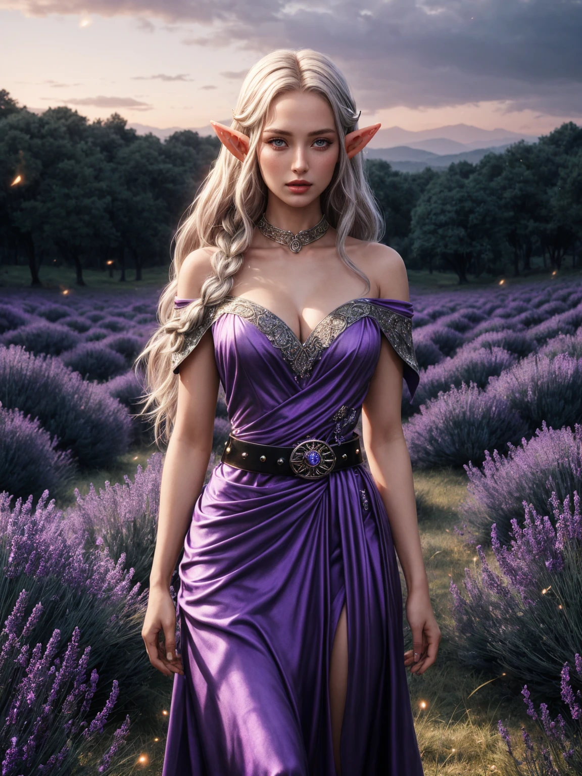 slow photoshot exposure image of a {1elven stunning pose, pop out from a giant tulip petal, holding a purple tulip, photo_model pose, tulip dress, front head necklace pendant, shining silver hair, multi braided hair, perfect proportional anatomy, UHD, intricate detailed, 8k, best quality ever, masterpiece, super detailed, unleashed creativity, beyond imagination, dramatic light, gradient motion color background}, rough, massive tulips all over the background, weathered and textured, slow shutter speed motion photography, shot on Fuji Film XT4 camera f/1.5. ISO 200