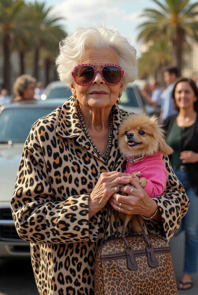 a 40-year-old blonde white woman in a pink dress holding a female poodle next to a black Fiat uno way manufactured in 2011