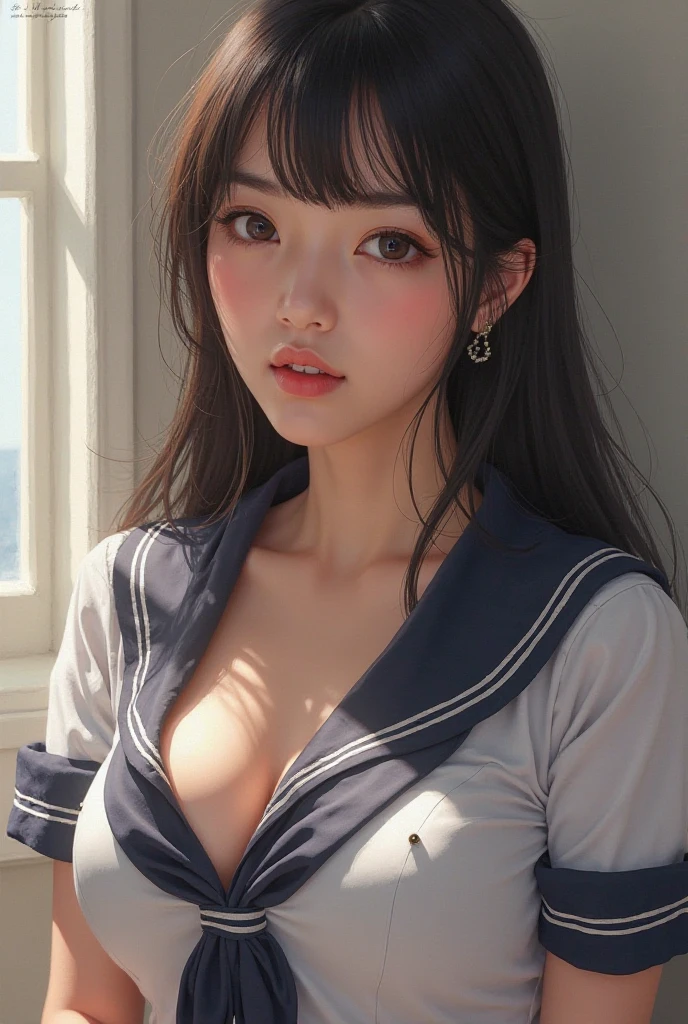 Highest quality、Ultra-high resolution、(Realistic)、18-year-old girl、((((School Uniform, Half naked))))、((((I can see your nipples)))),Hyper Detail、Super Realistic、(Realistic)、More about beautiful skin、(masterpiece:1.0)、(Highest quality)、(Ultra-high resolution)、8K resolution、Canon EOS R5、135mm、Absurd、Very detailed、Sharp focus、Fine skin、(((Chirarizum、Small breasts)))