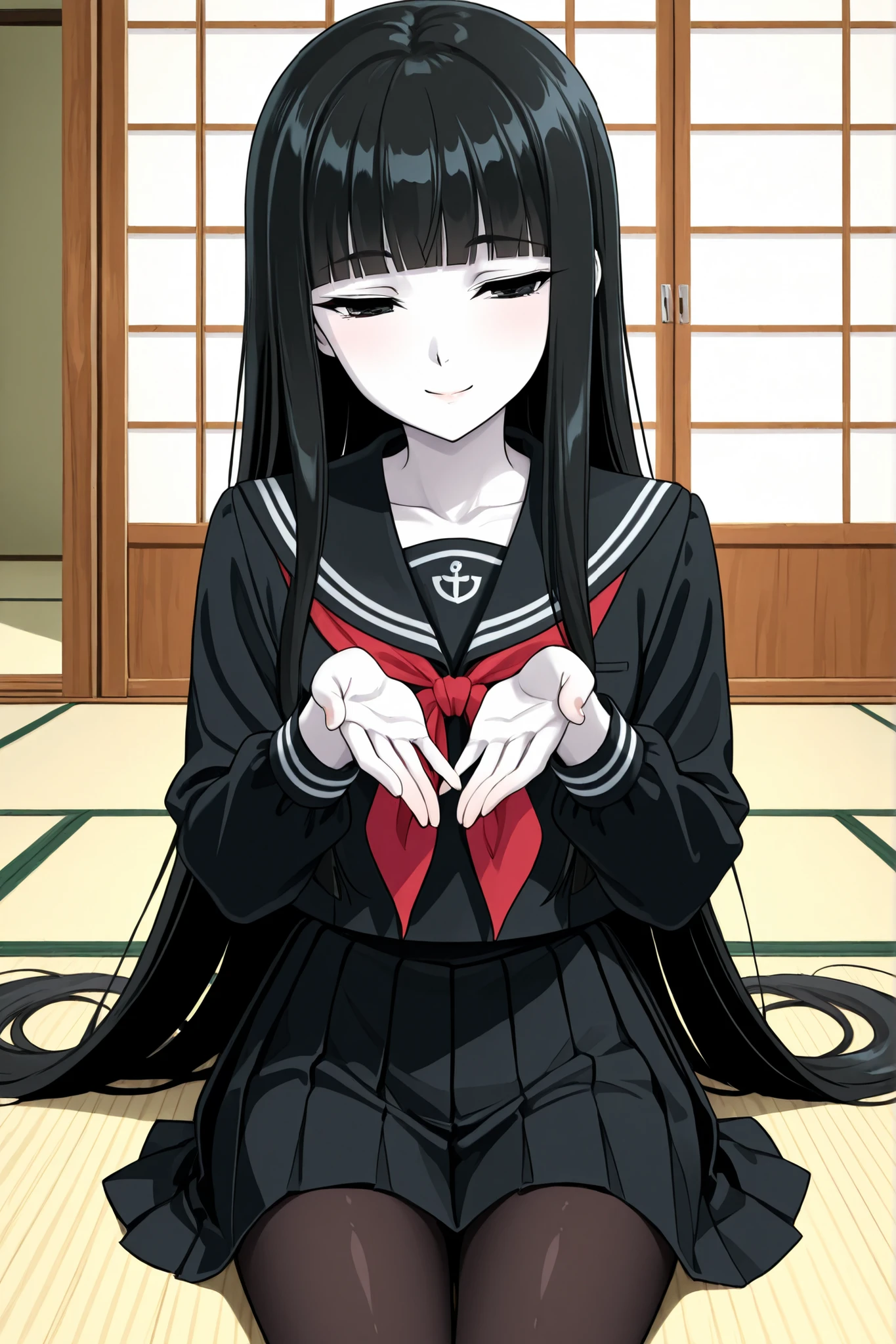 1 girl, beautiful girl,adult,18 years old,black eyes,narrow eyes,black hair, very long hair,blunt bangs,skinny,masterpiece,general,highres, ultra-detailed,very aesthetic,best quality ,best hands,5_fingers,best eyes,perfect anatomy,anime coloring,easynegative,black long-sleeved sailor uniform with red nektieribbon,black sailor suit, long sleeves,black pleated skirt, black tights, anime style,white skin,washitsu, indoors, sliding doors,sitting on tatami,whole body,smile