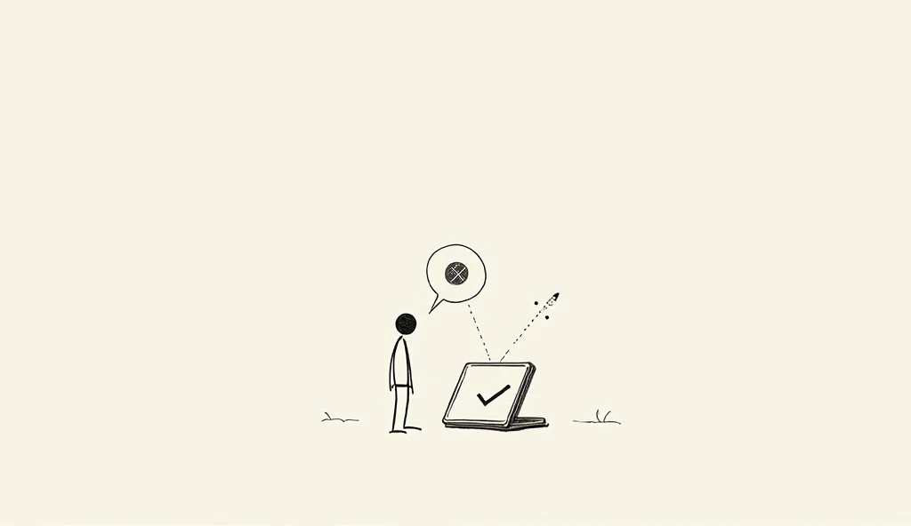 A stick figure holding a phone with a checkmark on the screen. A thought bubble shows a broken satellite signal with an “X” over the Sun.