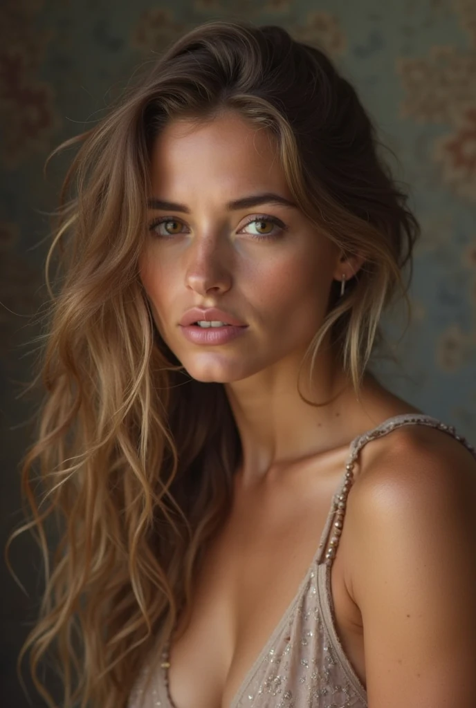 a beautiful woman, 26 years old, brunette, wispy bangs, detailed eyes, detailed lips, flawless skin, serene expression, elegant pose, soft lighting, warm color palette, cinematic composition, masterpiece, highly detailed, photorealistic, 8k, hyperrealistic