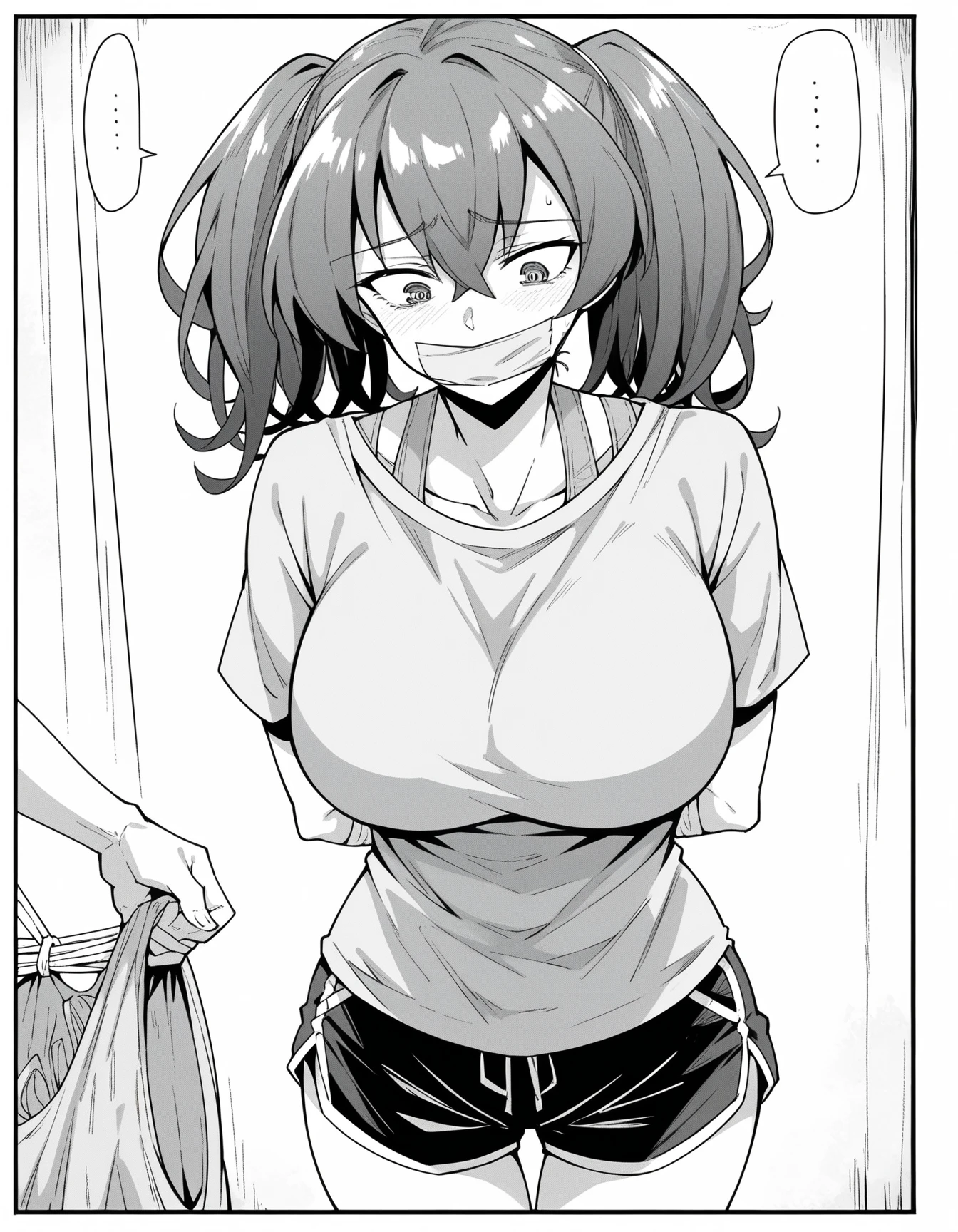 A woman with very long (black hair:1.5), wearing a stylish jacket and tight jeans, stands in a (monochrome:1.25) setting. The artwork is inspired by manga and incorporates a doujin style. The woman appears to be (wetting herself:1.5), which causes her to feel embarrassed and humiliated, resulting in a blush on her face. In addition, there is an air of anger in her expression. The lighting in the scene is moody, with a spotlight highlighting the woman's figure. She is crossing her arms, (arms crossed:1.5), fully showcasing her jeans., medium breasts