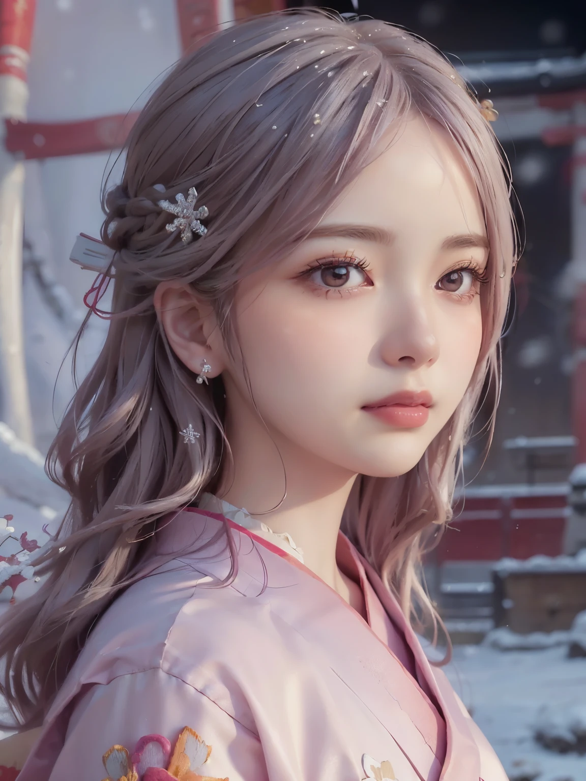 (((closeup-face:1.4))), (((face focus:1.5))), Looking at Viewer, (real), (vivid), 
1 woman, sexy and beautiful woman, slender, white skin, happy smile, (Spring pink makeup), 
((half updo, Silver hair)), 
(A kimono in muted colors with traditional Japanese patterns:1.3), (golden dragon embroidery:1.4, Delicate and detailed embroidery:1.3), 
(Snowflake, Falling snow:1.5), ((Japanese torii gate background)),
black choker, best quality, high quality, masterpiece, 4k, 8k,
