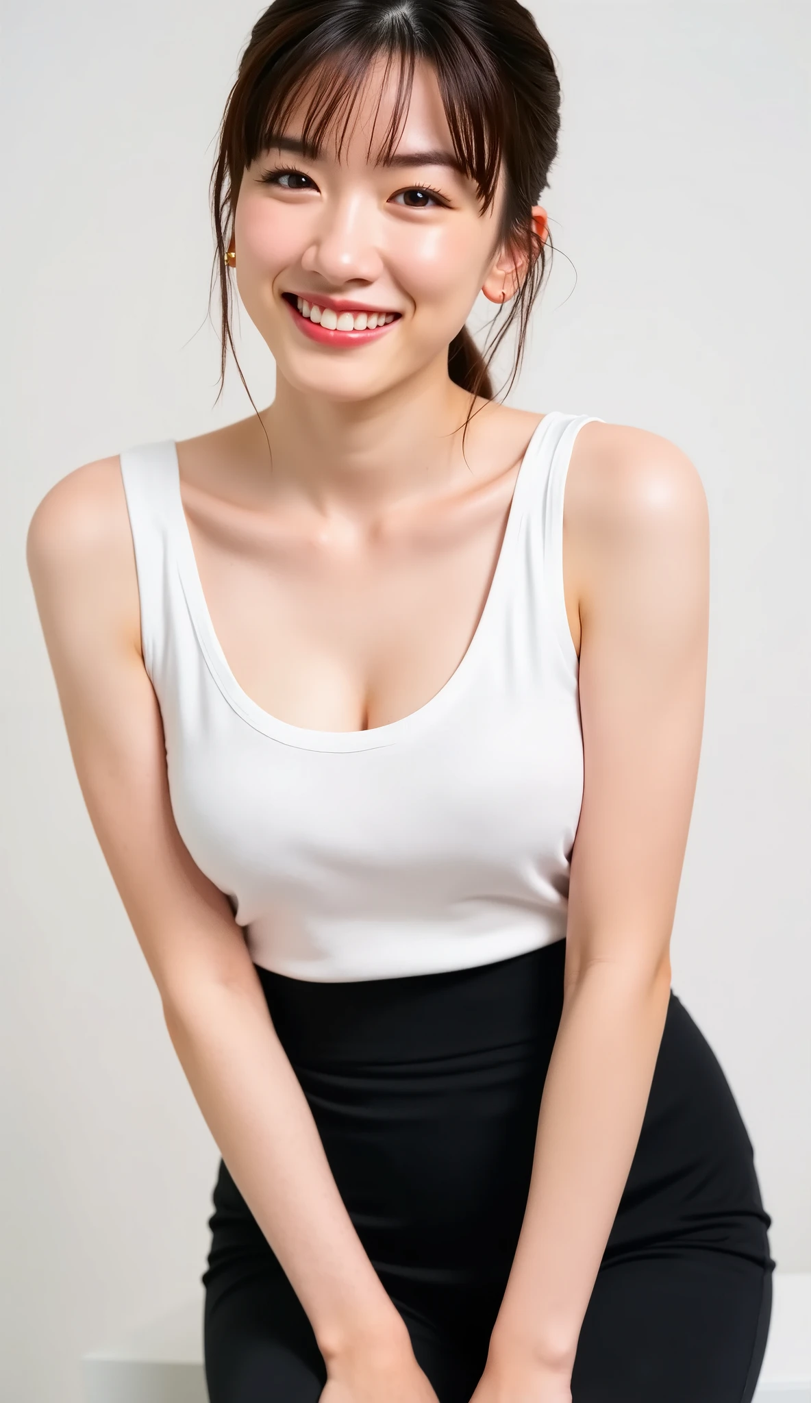 Cute Japanese Girl。white sports bra。black tight leggings 。Between the breasts。Upper chest。slouching forward、Put your hands on your knees、staring at viewers while showing teeth with a big smile。emphasizes breasts。emphasizes bust。(((((shot from below)))))。