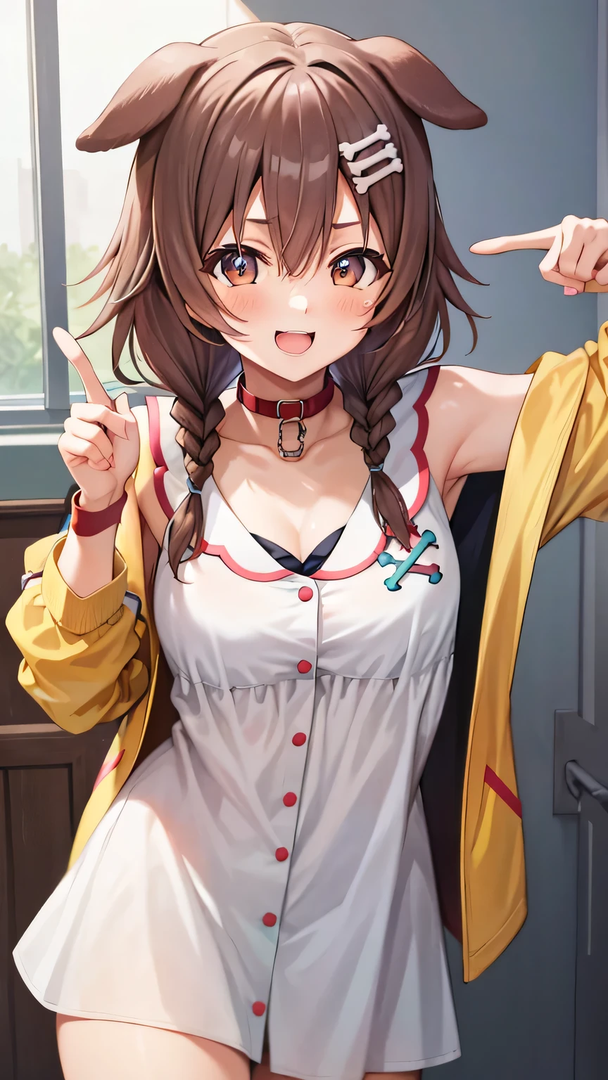 {{{masterpiece}}}, (best quality:1.5), (ultra-detailed:1.5), {illustration}, {{an extremely delicate and beautiful}}, (beautiful detailed eyes:1.6), absurdres, highres, extremely detailed face, 16k, hd, visual anime de uma jovem mulher, extremamente bonito rosto de anime, anime melhor garota, (perfect hands, perfect anatomy), anime face, BREAK, Inugami Korone(Hololive), 1gril, solo, cute face, koronedefault, brown hair, low twin braids, bone hair ornament, cartoon bone, bangs, (brown eyes:1.4), dog tail, medium breasts, big hips, curvaceous, BREAK, (yellow jacket:1.3), open jacket, jacket slip, (white dress:1.2), off shoulder, animal collar, cleavage, wristband, yellow loincloth, (red loose socks:1.5), white sneakers, BREAK, (point at viewer:1.2), facing away, smiling, looking at viewer, open mouth, flushed cheeks, flash effect, (cute gestures:1.2), upper body