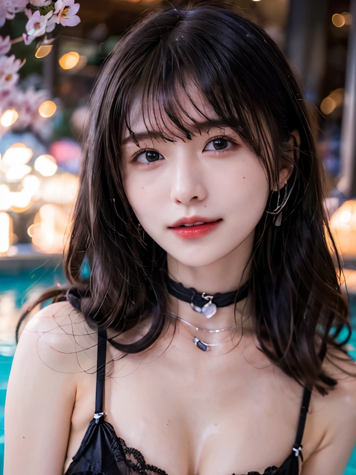 (((closeup-face:1.5))), (((face focus:1.6))), from front, look at viewer, nsfw, (real), (vivid),
1 girl, sexy and beautiful girl, (Spring pink makeup), ((Smiling face, droopy eyes)), shiny skin, slender,
standing in a moonlit night pool.
(ultra detailed realistic black see-through lingerie:1.5),
(silver medium hair:1.4),
The night pool is adorned with neon lights and beautiful cherry blossoms, creating a serene atmosphere.
Soft moon light gracefully illuminates the subject's face and hair, casting a dreamlike glow.
black choker, sexy earrings,
best quality, high quality, masterpiece, 4k, 8k,