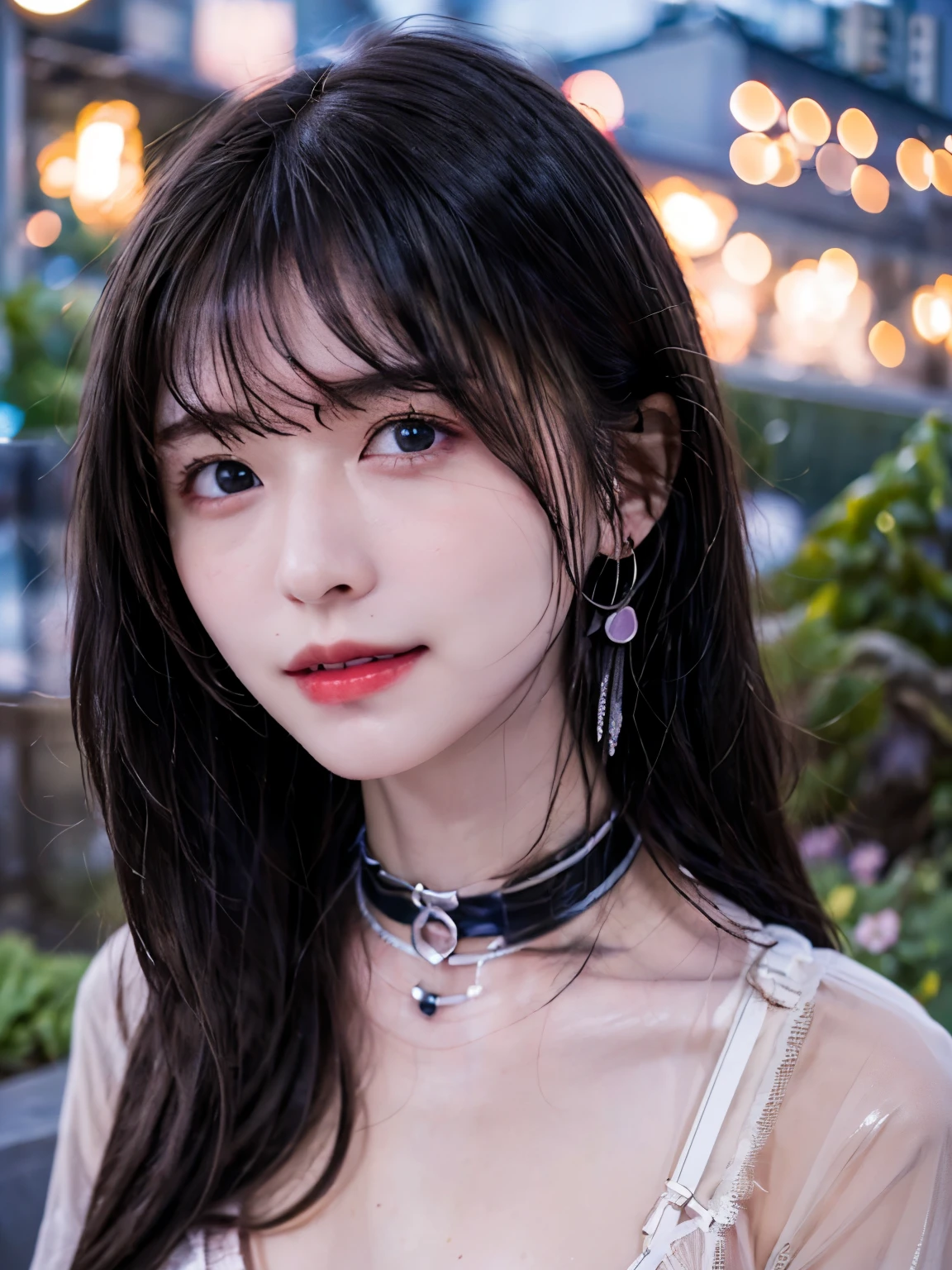 (((closeup-face:1.6))), (((face focus:1.7))), from front, look at viewer, nsfw, (real), (vivid),
1 girl, sexy and beautiful girl, (Spring pink makeup), ((Smiling face, droopy eyes)), shiny skin, slender,
standing in a moonlit night pool.
(ultra detailed realistic black see-through lingerie:1.5),
(silver medium hair:1.4),
The night pool is adorned with neon lights and beautiful cherry blossoms, creating a serene atmosphere.
Soft moon light gracefully illuminates the subject's face and hair, casting a dreamlike glow.
black choker, sexy earrings,
best quality, high quality, masterpiece, 4k, 8k,