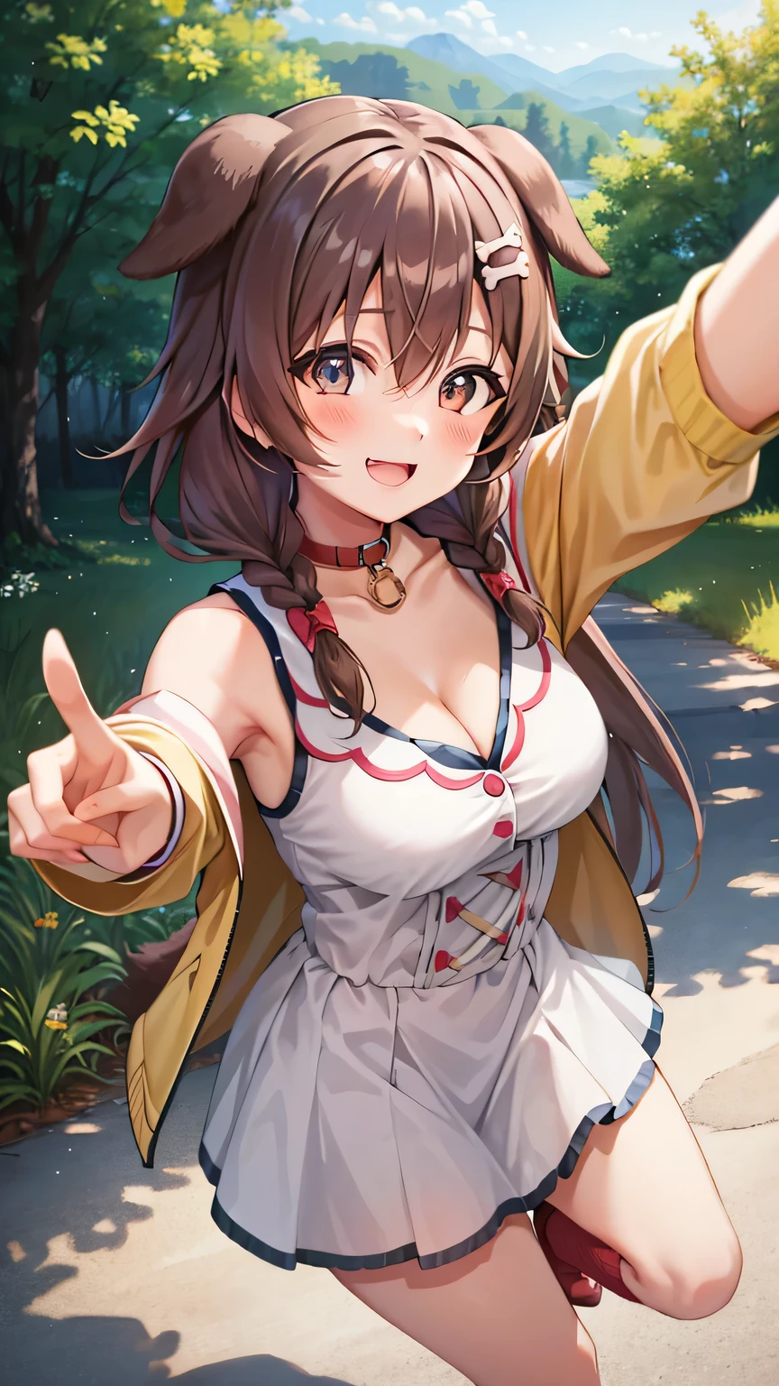 {{{masterpiece}}}, (best quality:1.5), (ultra-detailed:1.5), {illustration}, {{an extremely delicate and beautiful}}, (beautiful detailed eyes:1.6), absurdres, highres, extremely detailed face, 16k, hd, visual anime de uma jovem mulher, extremamente bonito rosto de anime, anime melhor garota, (perfect hands, perfect anatomy), anime face, BREAK, Inugami Korone(Hololive), 1gril, solo, cute face, koronedefault, brown hair, low twin braids, bone hair ornament, cartoon bone, bangs, (brown eyes:1.4), dog tail, medium breasts, big hips, curvaceous, BREAK, (yellow jacket:1.1), open jacket, jacket slip, (white dress:1.2), off shoulder, animal collar, cleavage, wristband, yellow loincloth, (red loose socks:1.5), white sneakers, BREAK, cute face, open mouth, smiling, pointing, dancing, jumping, from above, outdoor, mountain, forest, flower garden, (cute gestures:1.2), dynamic pose, dynamic angle, mysterious, fluttering skirt