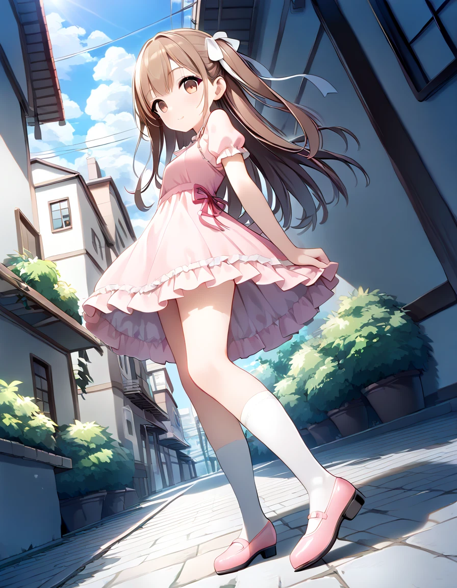 (ultra-detailed, best quality, detailed face, anatomically perfect body), (parted lips), shiny skin, (1 girl), (have to pee, very desperate to pee, have to pee:1.2), street, (maxi dress:1.3), petticoat, (footwear, low ponytail:1.3), clutch, (have to pee:1.6), (just before the bladder limit:1.1), (knees together and feet apart:1.4), (Rub each other's thighs:1.2), (hand between legs:1.4), (leaning forward:1.2), (holding crotch:1.5), (girl can't stand up straight), (constricted pupils:1.4), (erotic twist of the body:1.4), (sad:1.5), (blush:1.7), (embarrassment:1.4), flowing sweat, (fear:1.1), (breathless:1.5), (squint eyes:1.4), (looking up:1.6), (full body:1.4), (top of stairs, from below:1.7), (from side)