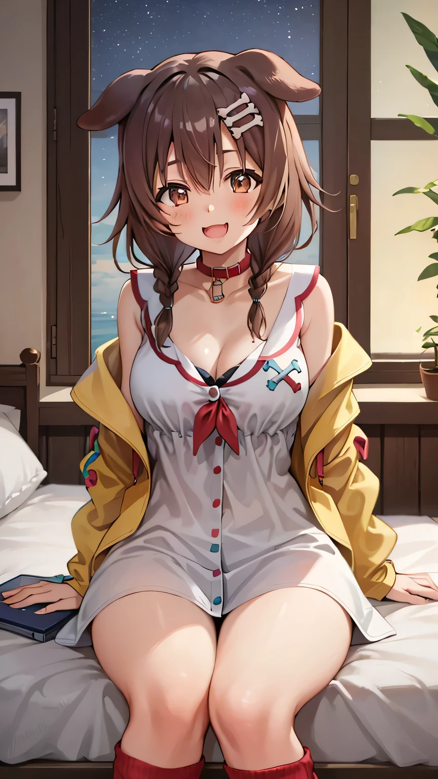masterpiece,highest quality,High resolution,Very detailed,yes,Long Hair,Braiding,Twin tails,Hair between the eyes,Hair Ribbon,hair ornaments,Big Breasts:1.5,(Yellow off-the-shoulder pajamas with white sleeves:1.2),bed,The best smile,No pants,Sweat,Wet,Red Eyes、The face blushes、Beautiful eyes、Pants are pink、lie(Lie