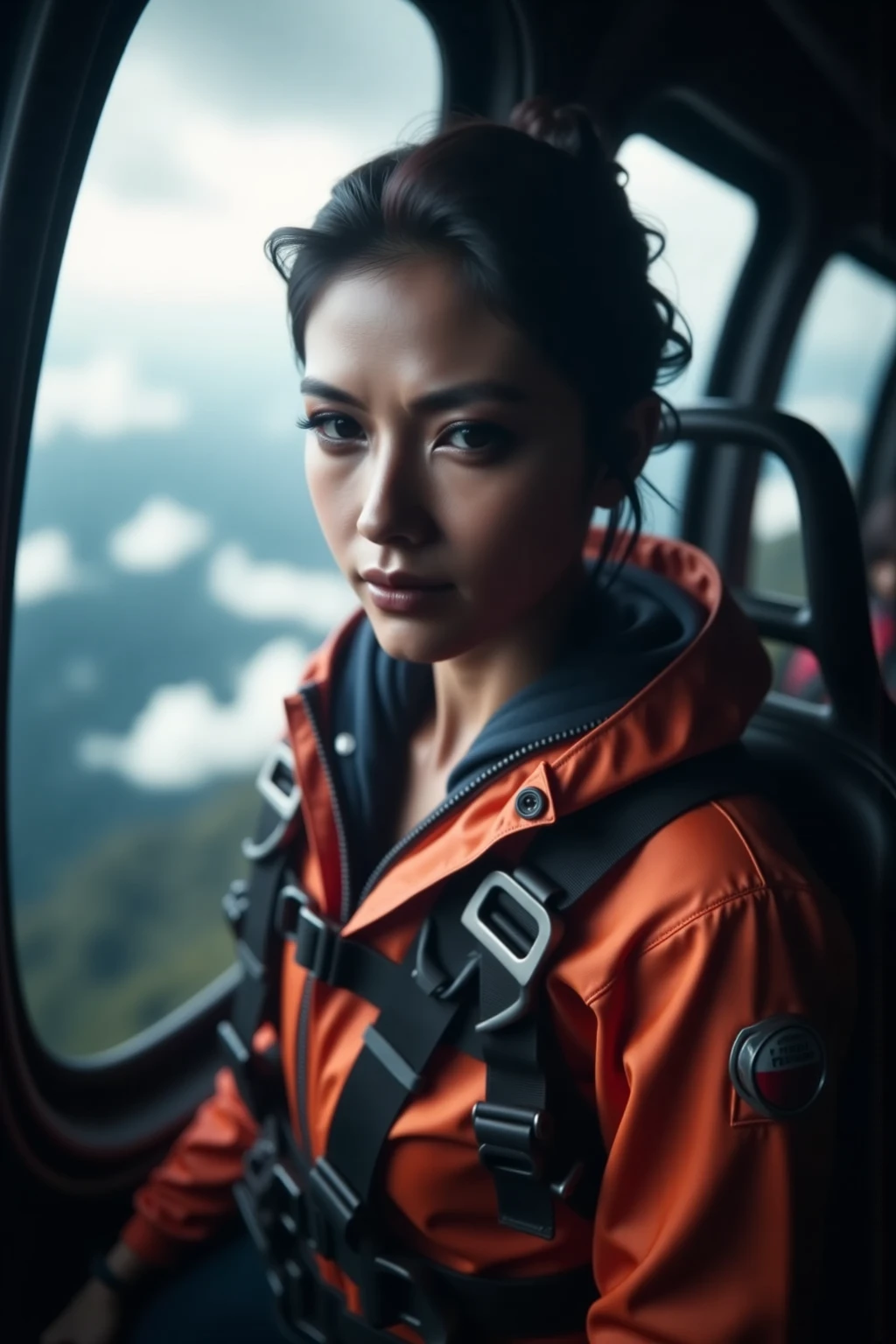 Woman in a helicopter floating in the air, Looking down while wearing safety gear and preparing for rappelling, delicate facial expression,Determined attitude,Spectacular scenery with the sky in the background, Fantastic natural lighting, detailed description, High resolution realistic rendering, Dramatic colors and tones, Professional looking like a photo, 4K ultra high definition,HDR,Extremely Detailed Description,realistic texture