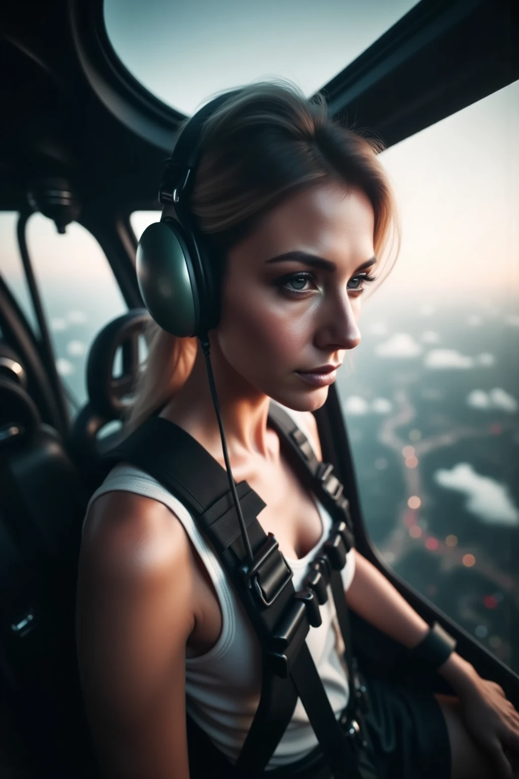Woman in a helicopter floating in the air, Looking down while wearing safety gear and preparing for rappelling, delicate facial expression,Determined attitude,Spectacular scenery with the sky in the background, Fantastic natural lighting, detailed description, High resolution realistic rendering, Dramatic colors and tones, Professional looking like a photo, 4K ultra high definition,HDR,Extremely Detailed Description,realistic texture