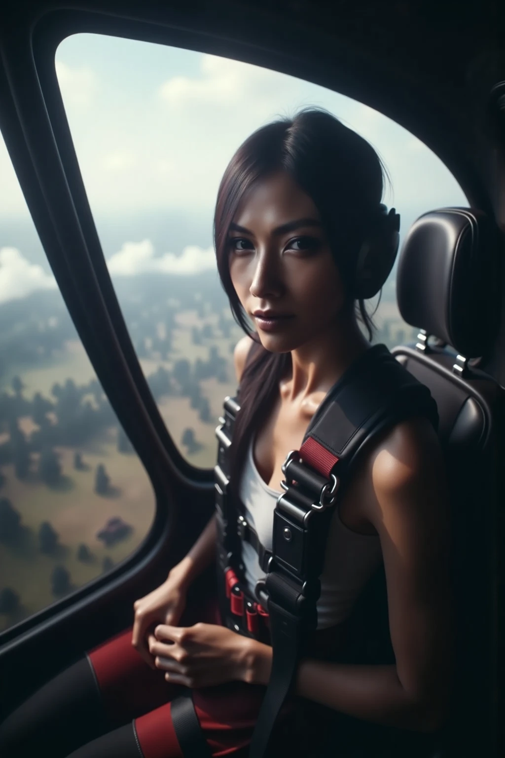 Woman in a helicopter floating in the air, Looking down while wearing safety gear and preparing for rappelling, delicate facial expression,Determined attitude,Spectacular scenery with the sky in the background, Fantastic natural lighting, detailed description, High resolution realistic rendering, Dramatic colors and tones, Professional looking like a photo, 4K ultra high definition,HDR,Extremely Detailed Description,realistic texture